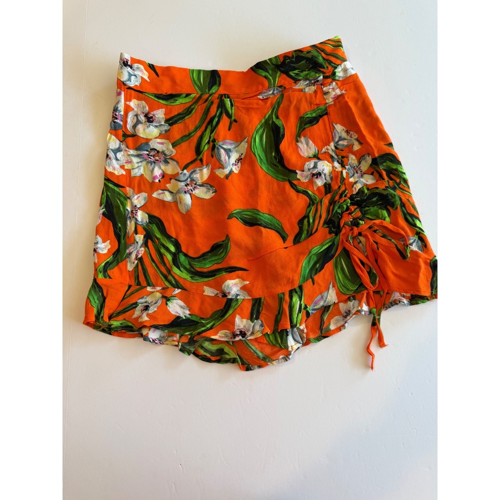 Zara Orange Tropical Floral Ruffle Skort Side Drawstring Mini Skirt Shorts‎ XS